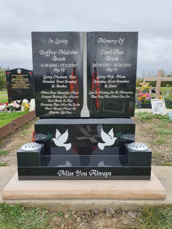 Book Shaped Headstone Installed by Northern Headstones in Graveyard