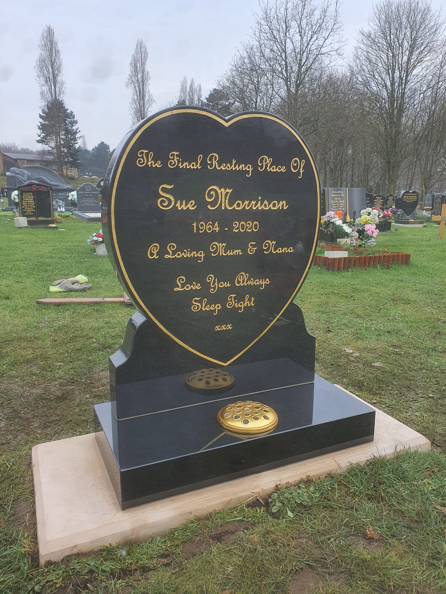 Heart Shaped Headstone with Golden Wording and Pin Line by Northern Headstones