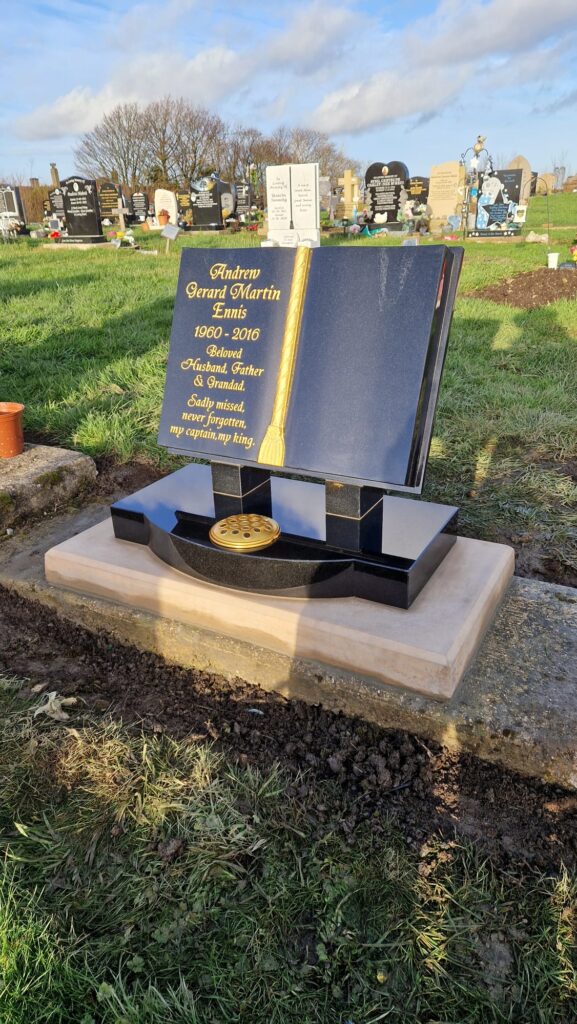 Black Book Shaped Headstone Memorial Installed by Northern Headstones